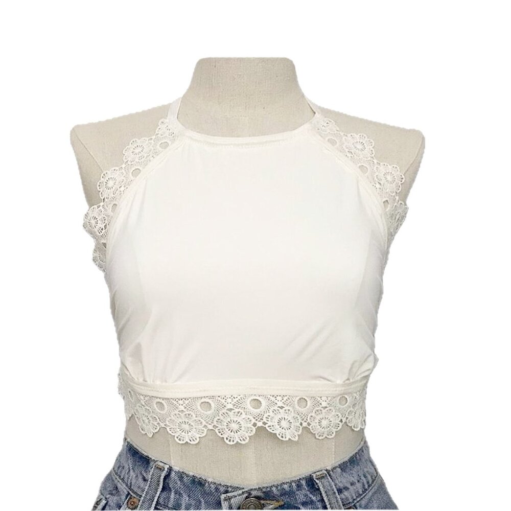 aerie | sheer floral scallop crochet lace halter racerback crop bralette | sz xl